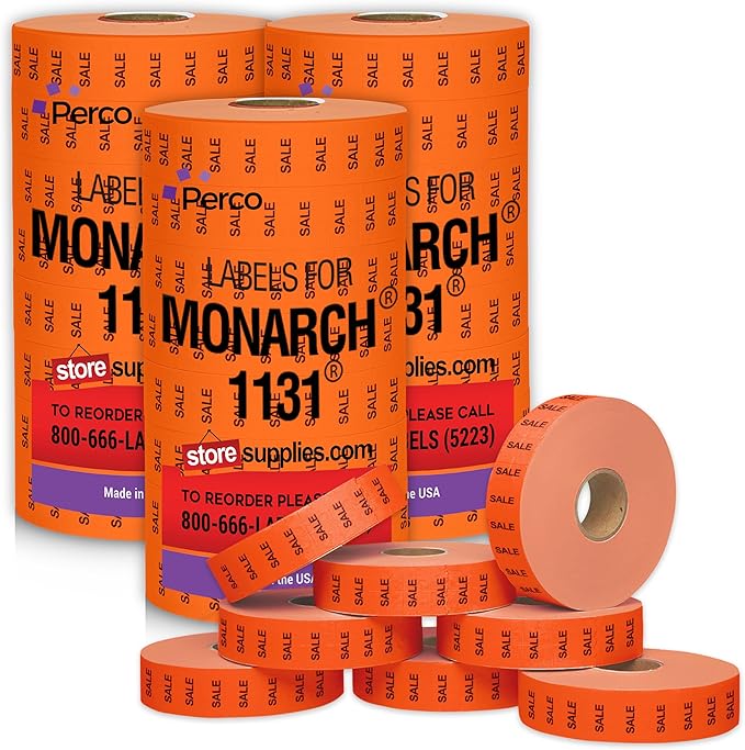 Perco Sale Fluorescent Red Pricing Labels for Monarch 1131 Price Gun – 3 Sleeves, 24 Rolls Value Pack - 60,000 Price Marking Labels – with Ink Rolls Included