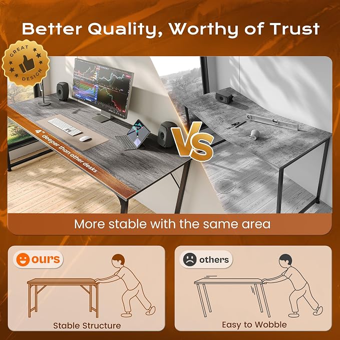 55 X 24 Inch Computer Desk with Deeper Desktop, Gaming Office Writing Work Desk for Home Office, Study, Bedroom, Work from Home, Metal Frame, Grey