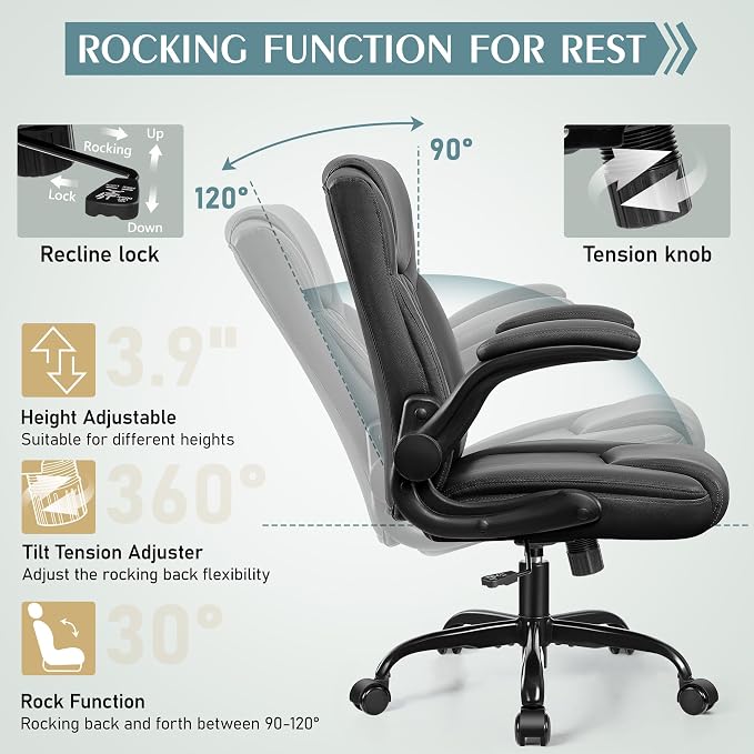 Leather Office Chair, PU Home Computer Desk Chairs with Ergonomic Back Support, 360°Swivel Free，Small Gmaing Chair with Wheels and Adjustable Armrests, for Short People Use, Black