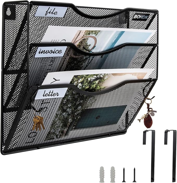 BOHDK Wall File Organizer, 3 Tire Hanging File Folder Mail Organizer, Vertical Mesh Metal Door/Wall Mount Hanging File Holder, Paper Document Magazine Rack with Hooks for Home Office Black