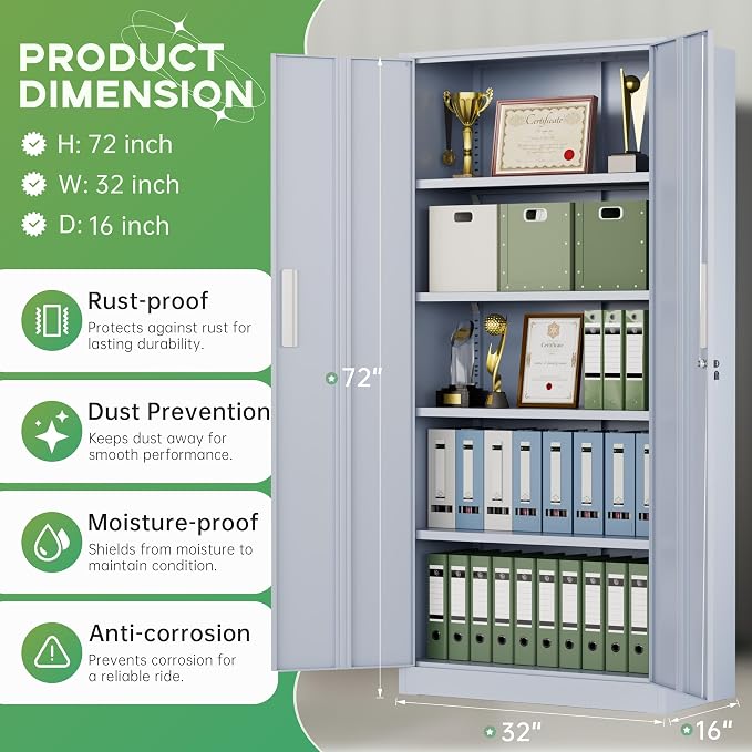 Metal Storage Cabinet, 72" H Lockable Steel Cabinets with Locking Doors, Storage Lockers with Adjustable Shelves for Office, Home, Garage, Gym, School (Cement Grey)