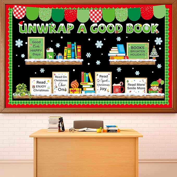 Christmas Bookshelf Bulletin Board Set Unwrap A Good Book Motivational Classroom Decor Reading Library Positive Paper Cutouts Red Green Bulletin Board Border for School Holiday Party Decor Supplies