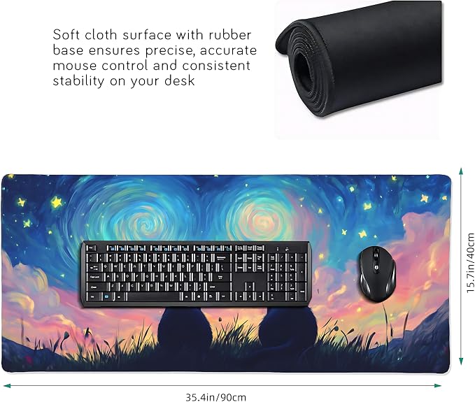 Cute Anime Black Cat Gaming Mouse Pad, Colorful Van Gogh Desk Mat with Anti-Slip Base & Stitched Edges,35.4" x 15.7" in Desk Accessories for Women, Home Office Decor & Artistic Gift