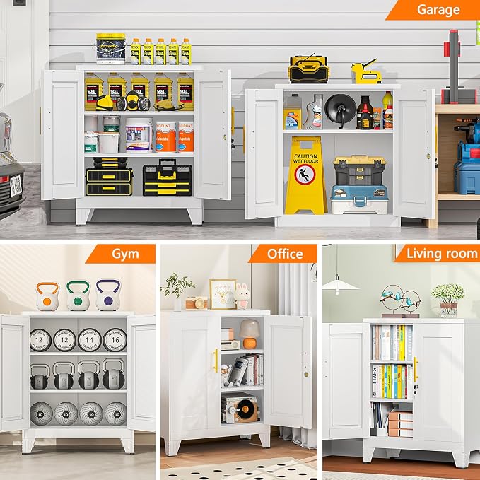 Metal Storage Cabinet, 2-Door Short Locker Cabinets Adjustable Shelf | Magnetic door surface for notes, Freestanding small storage cabinet with doors and shelves, multi-use storage