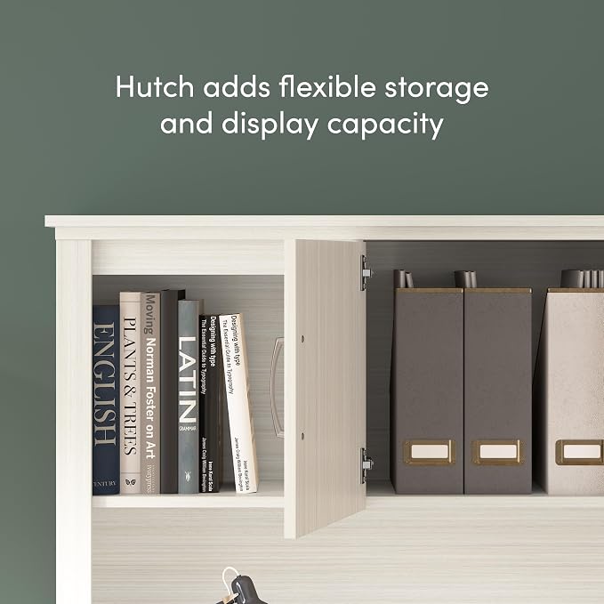 Bestar U or L Shaped Desk with Hutch & Drawers, White Chocolate, Logan, 66W | With Pedestal and Hutch; The Bestar Logan U or L Shaped Desk with Drawers and Hutch offers a customizable solution