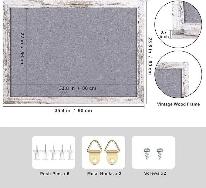 Gray Felt Bulletin Board, 35.4x23.6 inches Decorative Hanging Bulletin Boards for Walls with White Rustic Wood Frame, Pin Board Vision Board for Office Home School with Pins (6090,WH,1pc)