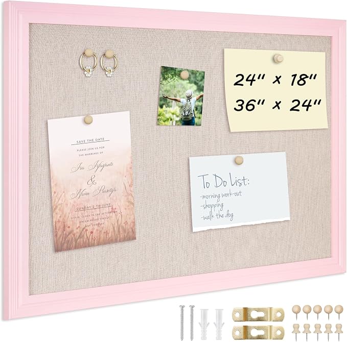 DOLLAR BOSS Bulletin Boards with Linen, 36"x24" White Cork Board, Pink | Corkboards for Walls, Framed Pin Board, Picture Display Vision Board, For Office Home School Girls Dorm Decor, 10 Pushpins
