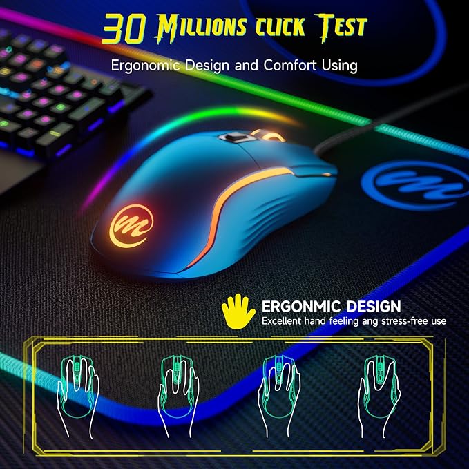 memzuoix Wired Gaming Mouse with RGB - 6 Adjustable DPI up to 12800, 6 Buttons, 12 Lighting Modes, Ergonomic Design with Anti-Slip Rubber Wheel, 5.6ft Braided Cable for PC/Mac/Windows - Blue