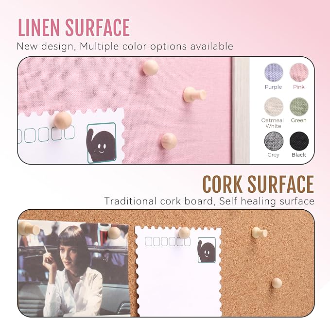 SELEAD Double-Sided Linen and Cork Bulletin Board (36"x24", Pink) | 2-in-1 Fabric Linen Cork Pinboard, White Wood Frame Wall Decor Photo Display Vision Board for Home Family, Bedroom, Dorm Room