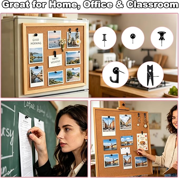 200 Pcs Black Push Pins for Bulletin Board, 5 Style Thumb Tacks for Cork Board, Decorative Pushpins for Wall Maps, Photos, Office, Classroom and Back to School Supplies (Black)