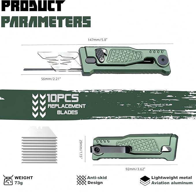 5.8" Aluminium Utility Knife, EDC Box Cutter with Clip, CNC Unibody, Lightweight All Metal Folding Box Cutter, Ideal Gifts for Men Women, with 10 Extra Blades（Green）