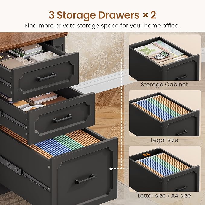 SEDETA Farmhouse 110.3" Two Person Desk with 7 Drawers, Long Computer Desk with Storage Cabinet, 2 Person Desk with Power Outlets for Home Office, Black+Brown
