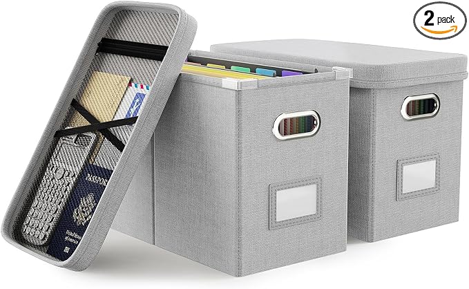 File Organizer Box with Lid, Hanging Filing File Box with Mesh Pocket, Document Organizer Box for Letter Files, Portable Storage Box with Smooth Sliding Rail for Office&Home (2 PCS, Light grey)