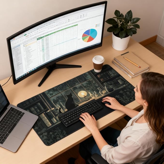Anime Black Cat Gaming Mouse Pad, Forest Green Mystical Desk Mat with Anti-Slip Base & Stitched Edges, Office & Home Desk Decor for Women, 35.4" x 15.7" in Computer Desktop Mat