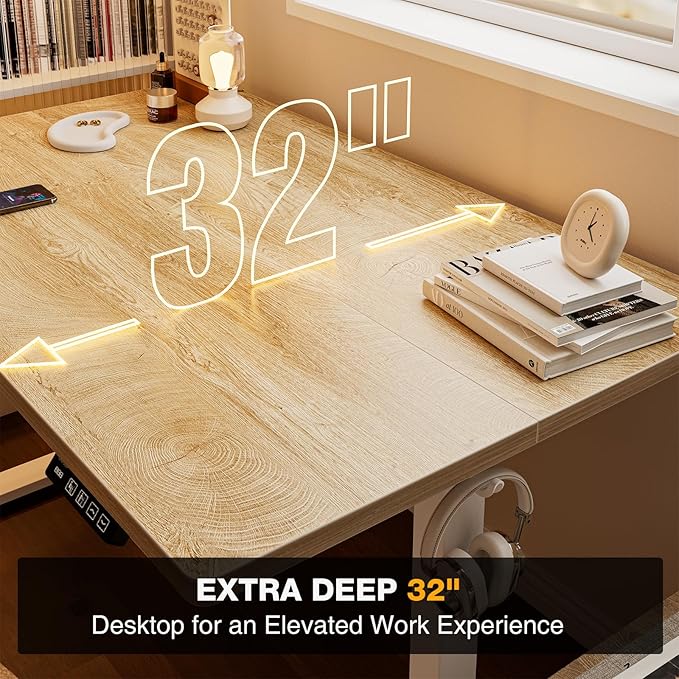 Grandder 47x32 Large Electric Standing Desk, Height Adjustable Computer Desk with 2 Memory Presets, 31.5" Deep Desktop Sit Stand Desk Home Office Desk Workstation Table with Hooks, Oak