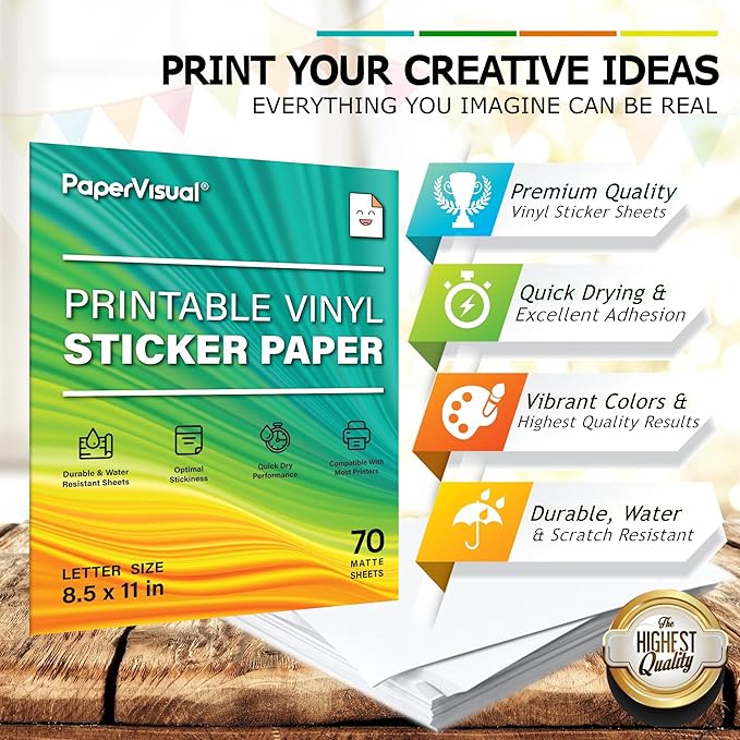 Premium Printable Vinyl Sticker Paper for Inkjet and Laser Printer - 70 White Matte Sticker Paper Waterproof - Excellent Adhesion Paper 8.5 x 11, Fast Dry, Holds Ink Well, Great for Cutting Machines