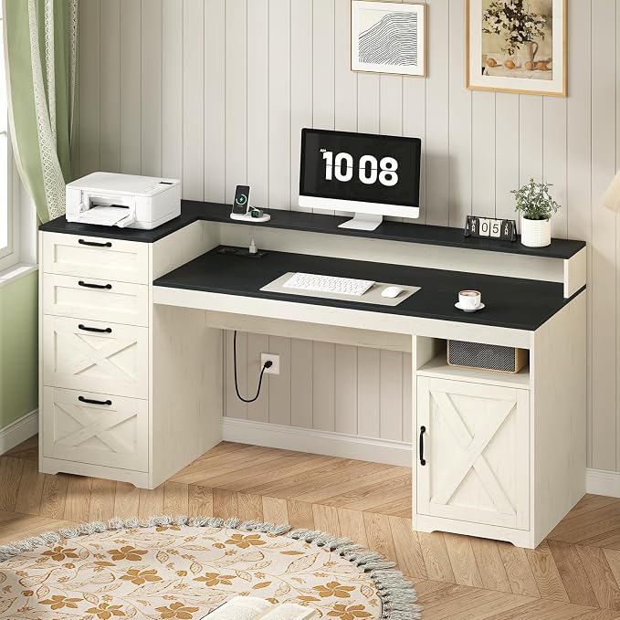 63" Farmhouse Computer Desk with 4 Drawers for Home Office, Bedroom | Executive Desk with Printer Shelf, Monitor Stand, Home Office Desks with Power Outlets, Storage Shelves, Black and White