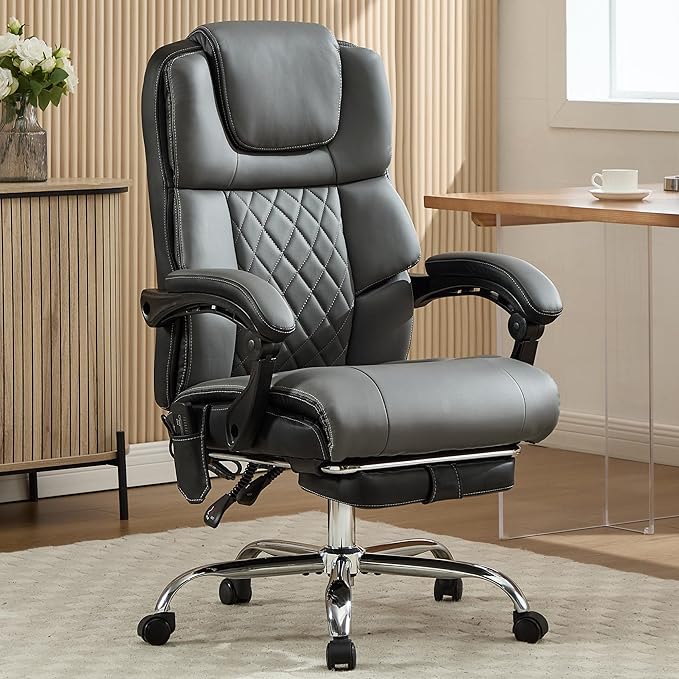 Executive Office Chair with Footrest,Big and Tall Ergonomic Computer Desk Chair for Heavy People,High Back Reclining Leather Chair with