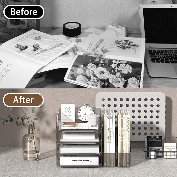 4-Tier Acrylic Paper Tray Organizer with Bookends | Clear Stackable Desk Organizer for Documents, Letters, A4 Paper | Modern Office/Classroom/Home Organization,Brown