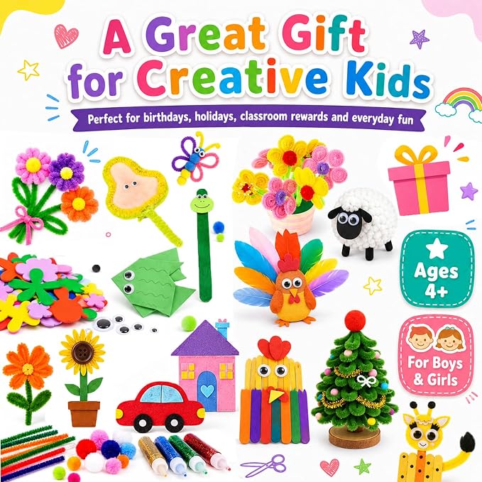 FUNZBO Arts and Crafts Supplies for Kids - Kindergarten School Craft Kit | with Glitter Glue Stick, Glue, Pipe Cleaners Craft and Kids' Scissor, Birthday Gifts for Toddler Girls Boys Age 4+