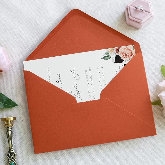 PONATIA 50 PCS/Pack A7 Envelopes, 5.25 x 7.25'' Burnt Orange 5x7 Envelopes, Perfect For Wedding Invitation Cards, Christmas Gift Cards Envelopes, Acrylic Invitations, Photos