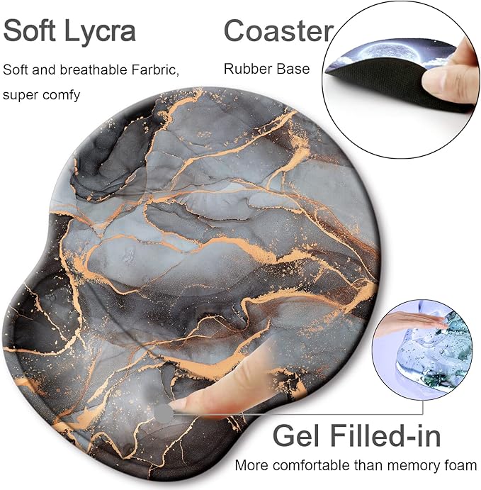 Ergonomic Mouse Pad with Wrist Support Rest,Large Mousepad Gel Wrist Rest, with Coaster Non-Slip & Pain Relief for Computer, Desk, Home&Office-Black Golden Marble