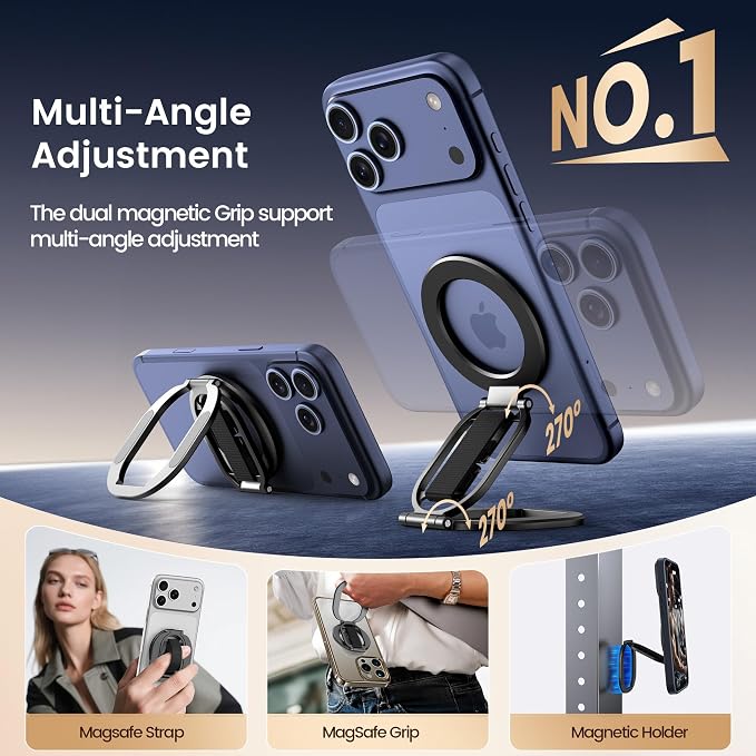 Foldable Double Sided Magnetic Phone Grip Kickstand for Magsafe | Phone Ring Holder with Finger Loop Strap , Compatible with MagSafe iPhone 12-17 Series and MagSafe Cases, Desk Stand, Black