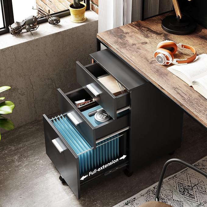 DEVAISE 3 Drawer Wood File Cabinet, Under Desk Filing Cabinet, Black | Small Mobile Printer Stand, Fits Letter/A4 Size, Under Desk Storage Cabinet, Home Office