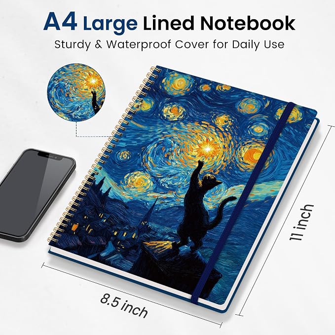 Large Spiral Lined Journal for Women and Men, Notebook for Work | Cosmic Feline 8.5" x 11" Notebooks for Note taking, Writing & Journaling, College Ruled Pages, Plastic Cover