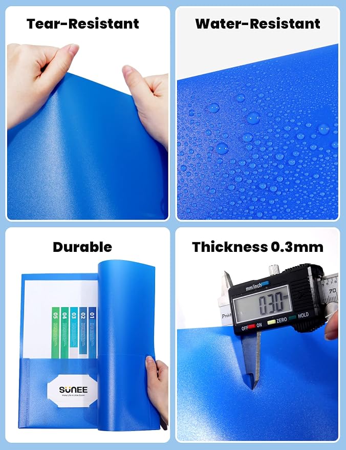 SUNEE 2 Pocket Folders (12 Pack, Blue) Heavy-Duty Plastic Folders with Pockets, Fit 8.5x11 Letter Size Paper, 2-Pocket File Folders for Kids, Home, School, Office
