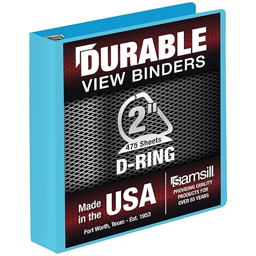 Samsill Durable 2 Inch Binder, D Ring Binder, Customizable Clear View Cover, Sky Blue, Holds 475 Pages