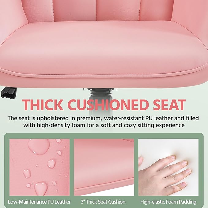 Yaheetech Modern Faux Leather Office Chair Ergonomic Adjustable Vanity Makeup Chair with Padded Armrests Big Seat for Office, Study, Home, Pink