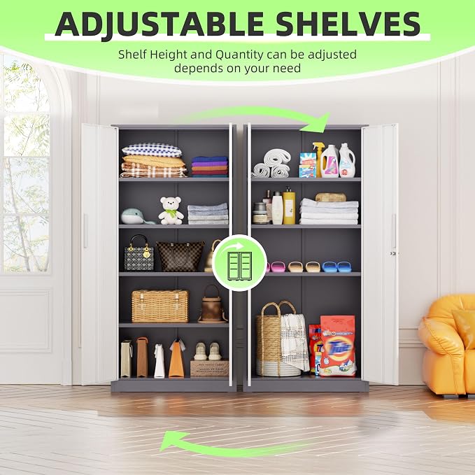 Metal Storage Cabinet, 72" Locking Steel Cabinets with 2 Door and 4 Adjustable Shelves, Tall Metal Cabinet for Home Office, Garage, Warehouse, New Grey