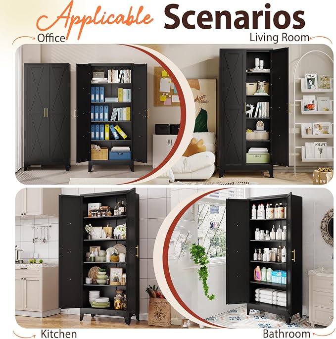 PAOFIN 71" H Tall Kitchen Storage Cabinet with Doors | Freestanding Pantry Cabinet,Farmhouse Food Storage Cabinets,Tall Cabinets for Kitchen, Dining Room, Living Room(Black)