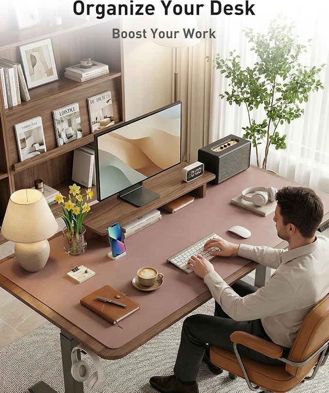 Aothia Faux Leather Desk Mat - Large Mouse Pad, Non-Slip PU Leather Blotter, Waterproof Writing Surface for Office and Home (Dark Pink, 63" x 24")