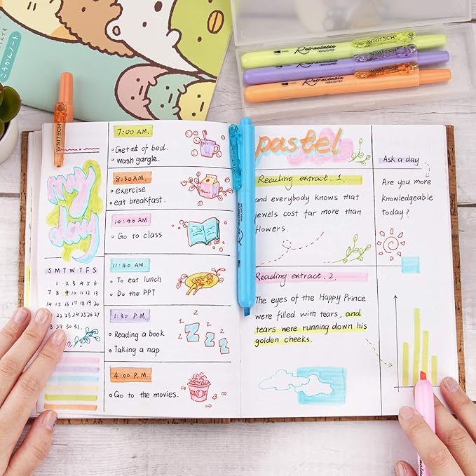 WRITECH Retractable Highlighters Assorted Colors: Chisel Tip Click Aesthetic Highlighter Marker Pens Pack Multi Colored Ink No Bleed Smear for Highlighting Journaling (6ct Pastel)