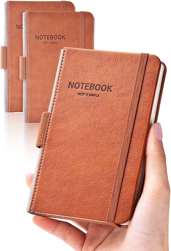 Pocket Notebook Small Notebook 2-Pack, 3.7" x 5.7" Pocket Notebooks Hardcover with Thick Lined Paper, Inner Pockets, Cover Letter Embossing Design Mini Journal Notepad Brown Leather