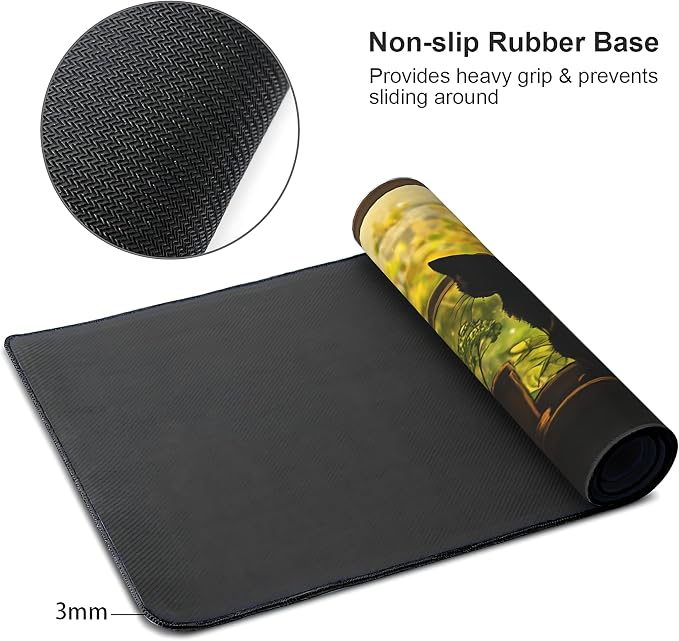 Cute Anime Black Cat Gaming Mouse Pad, Forest Green Warm Healing Desk Mat with Anti-Slip Base & Stitched Edges, Office Supplies & Desk Decor for Women, 35.4" x 15.7" in Home Office Essentials