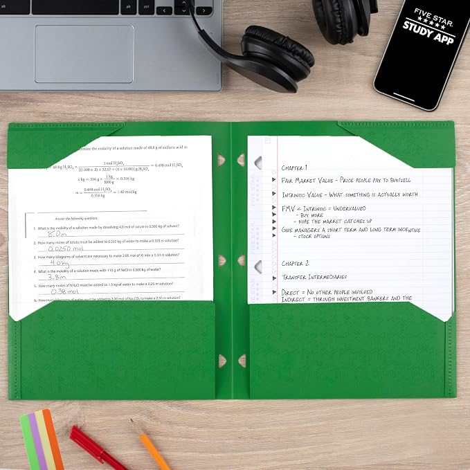 Five Star 2-Pocket Folder, Plastic Folder with Stay-Put Tabs, Fits 3-Ring Binder, Holds 8-1/2" x 11" Paper, Forest Green (333420E-ECM)