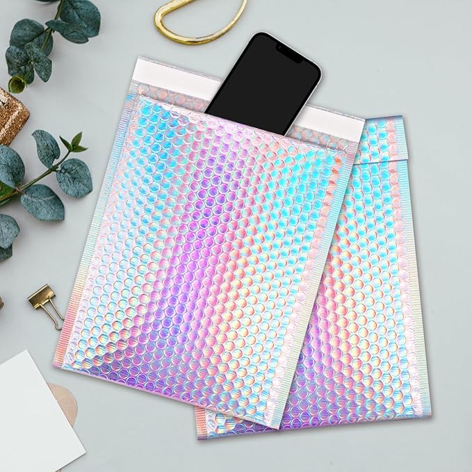 25 Pcs Metallic Bubble Mailers, 8x10 Inch Holographic Bubble Mailers, Poly Padded Envelopes, Self Sealing Shipping Bags, Waterproof Cushion Envelopes for Mailing Packaging Small Business