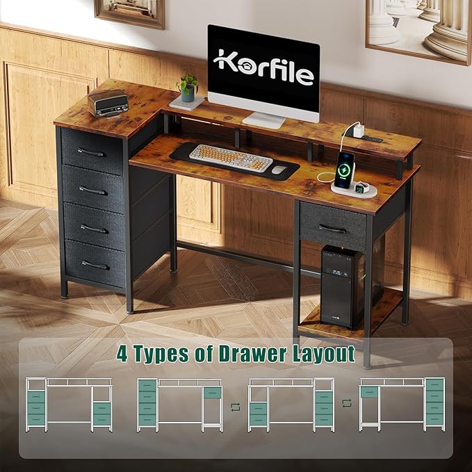 47 Inch Gaming Desk with Power Outlets and LED Lights, Reversible Computer Desk with 5 Fabric Storage Drawers, Home Office Desk with Monitor Stand for Working Writing Study, Rustic Brown
