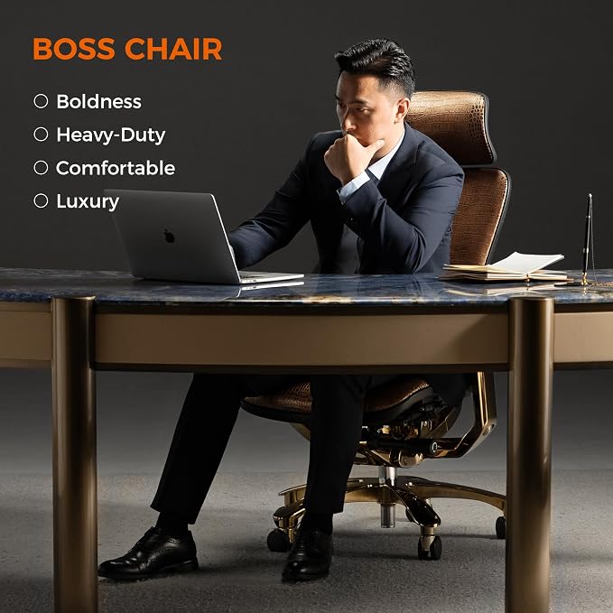 TOMU Genuine Leather Office Chair Cowhide, Ergonomic Executive Office Chair for Boss, with Golden Base,Adjustable armrest, Headrest, Lumbar Support and Reclining Back- Luxury and Commercial