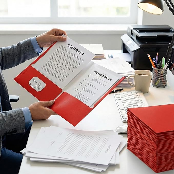 Zzrywuty File Folders with Pockets Letter Size,50-Pack Paper Folders with Card Slot,Red Two Pocket Folders for School Students,Businessmen,Home and Office Workers