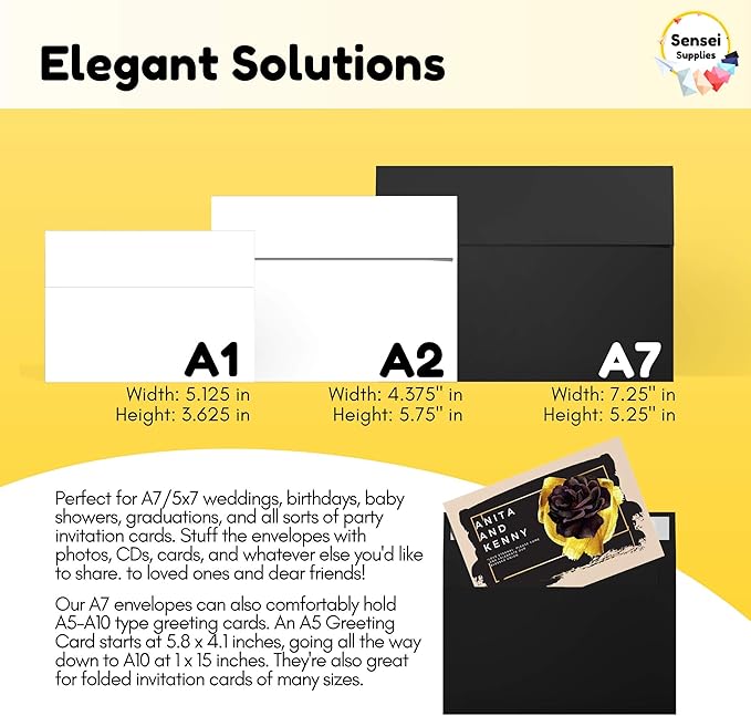110 5x7 Black Invitation Envelopes - for 5x7 Cards - A7 - (5 ¼ x 7 ¼ inches) - Perfect for Weddings, Graduation, Baby Shower - 120 GSM - Peel, Press & Self Seal - Square Flap