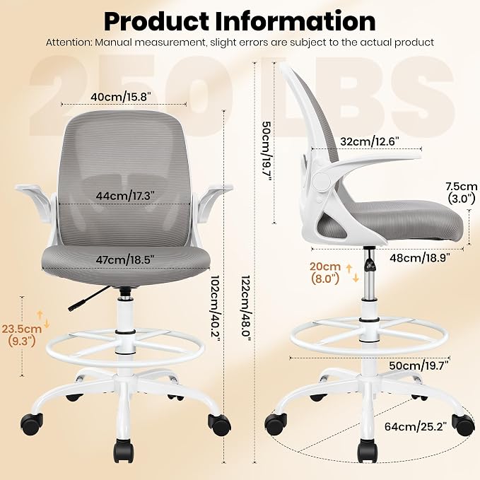 Ergonomic Drafting Chair with Flip-Up Armrests & Adjustable Footrest – Tall Office Chair for Standing Desks, Lumbar Support, Gray – Home & Office Comfort