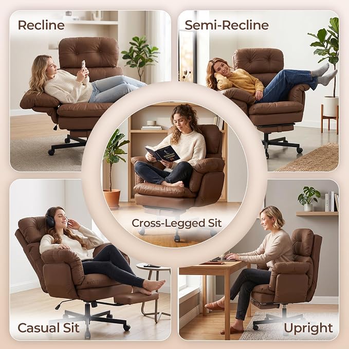 Criss Cross Office Chair with Foot Rest, Big and Tall Office Desk Chair with Flip Armrests for Pets & Cross Legged Sitting, Comfy Executive Ergonomic Reclining Computer Gaming Vanity Chair, Brown