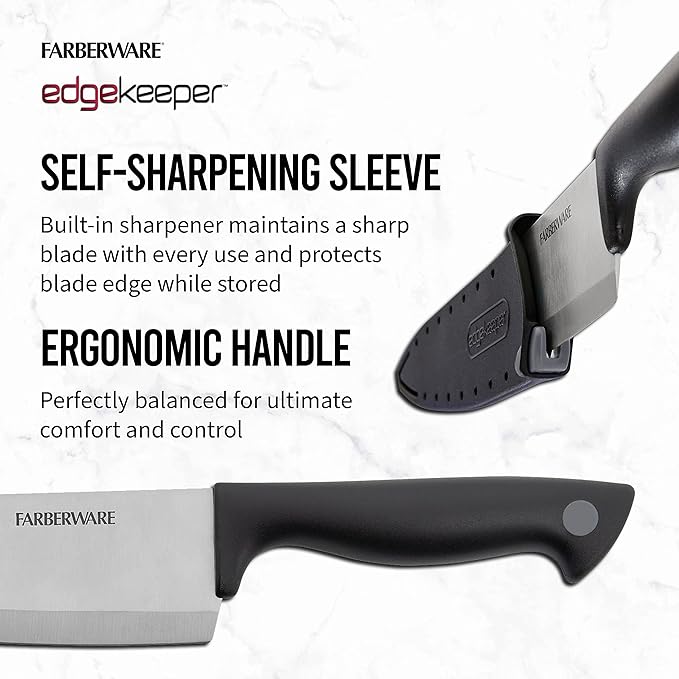 Farberware Edgekeeper 8-Inch Chef Knife with Self-Sharpening Blade Cover, High Carbon-Stainless Steel Kitchen Knife with Ergonomic Handle, Razor-Sharp Knife, Black