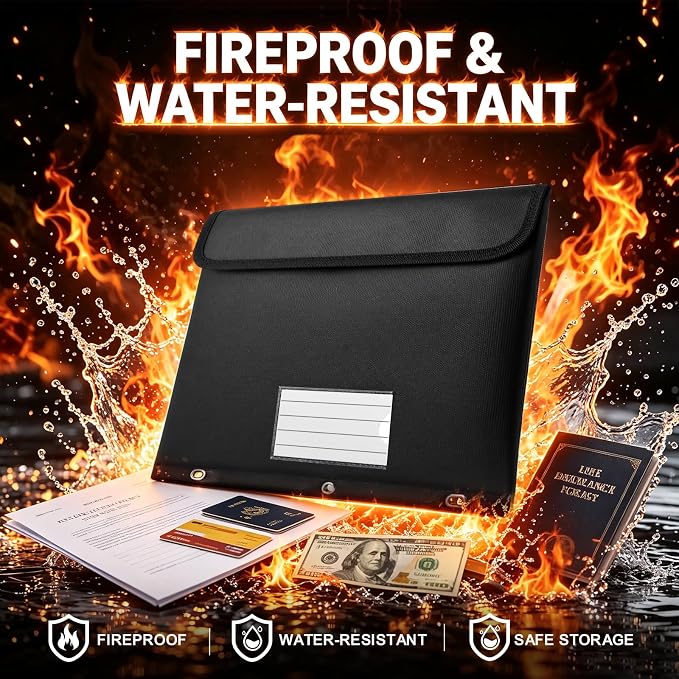 Fireproof 3 Ring Binder Pocket, Document Bag Side Loading, 2 Pack | Water Resistant,Heat Insulated,Hook&Loop Closure,Binder Folders,Safe Storage for Home Office Travel,Letter Size, Black