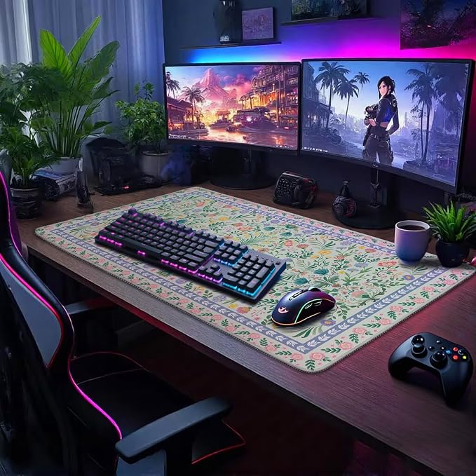 Green Floral Desk Mat Large Mouse Pad 31.5"x15.7" Non-Slip | Extended Mousepad, Non-Slip Rubber Base , Stitched Edges, for Computer/Laptop/Office/Home