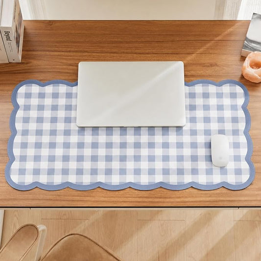 Ohocut Scalloped Gingham Checkered Desk Pad，Blue：31.5" x 15.7" | Large, Premium Faux Leather, Anti-slip Bottom, Water Repellent, Easy to Clean, Aesthetic Trendy Design